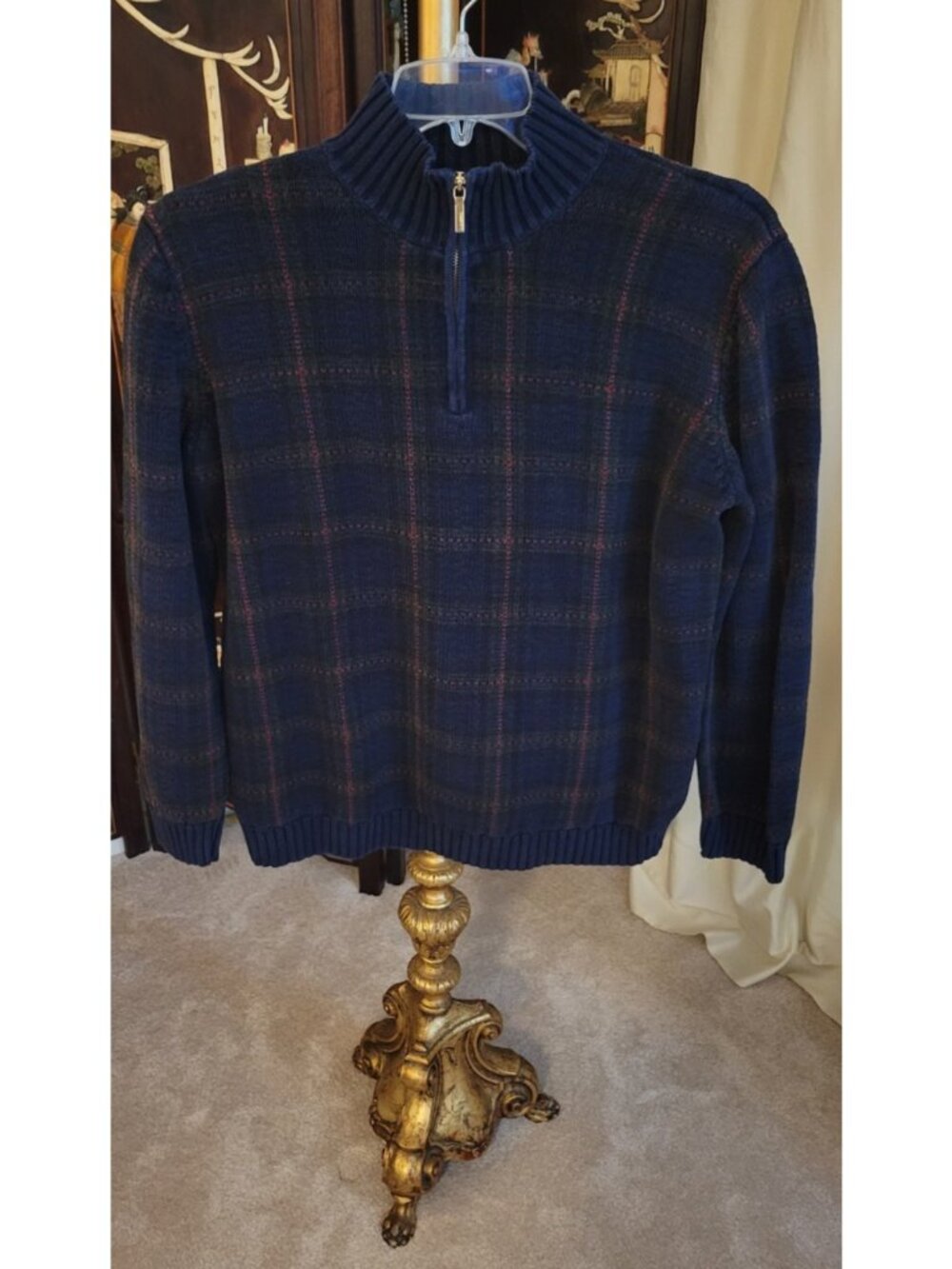 Ralph Lauren Women's Cotton Sweater Size L Plaid 1/4 Zip Mock Neck